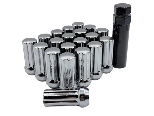 20 Chrome 7 Spline Lock Tuner Wheel Nuts & Key 14mm x 1.5 Thread x 50mm Height