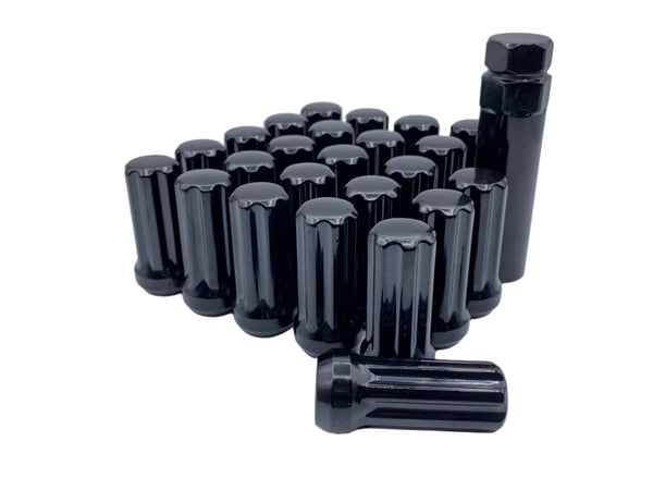 20 Black 7 Spline Lock Tuner Wheel Nuts & Key 14mm x 1.5 Thread x 50mm Height