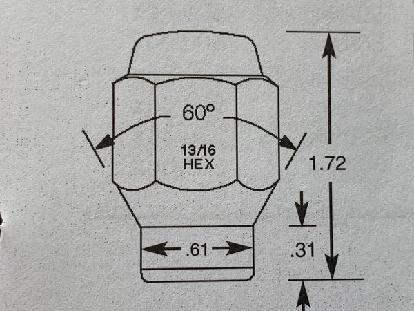 Extra Thread Wheel Nut 1/2" UNF Thread with Taper + Shank x 36.6mm Height