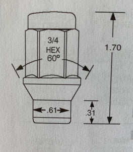 Extra Thread Wheel Nut 1/2" UNF Thread with Taper + Shank x 43mm Height