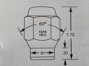 Extra Thread Wheel Nut 7/16" UNF Thread with Taper + Shank x 36.6mm Height